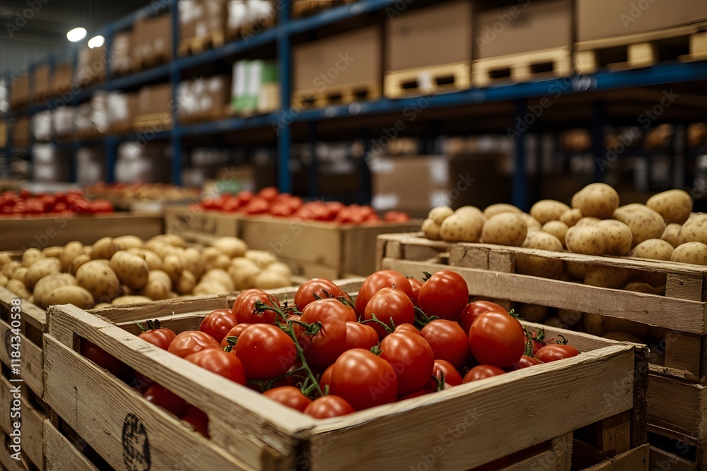 In the background, neatly arranged wooden boxes of potatoes and tomatoes stand in rows on pallets inside an industrial warehouse In the background, neatly arranged wooden boxes of potatoes and tomatoes stand in rows on pallets inside an industrial warehouse