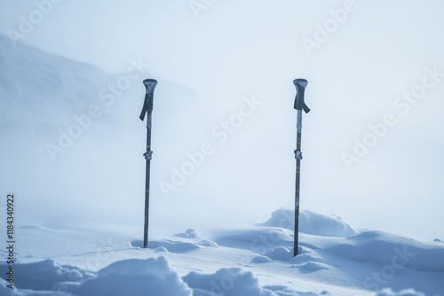 A pair of ski poles stuck upright in the snow. Free copy space. photo