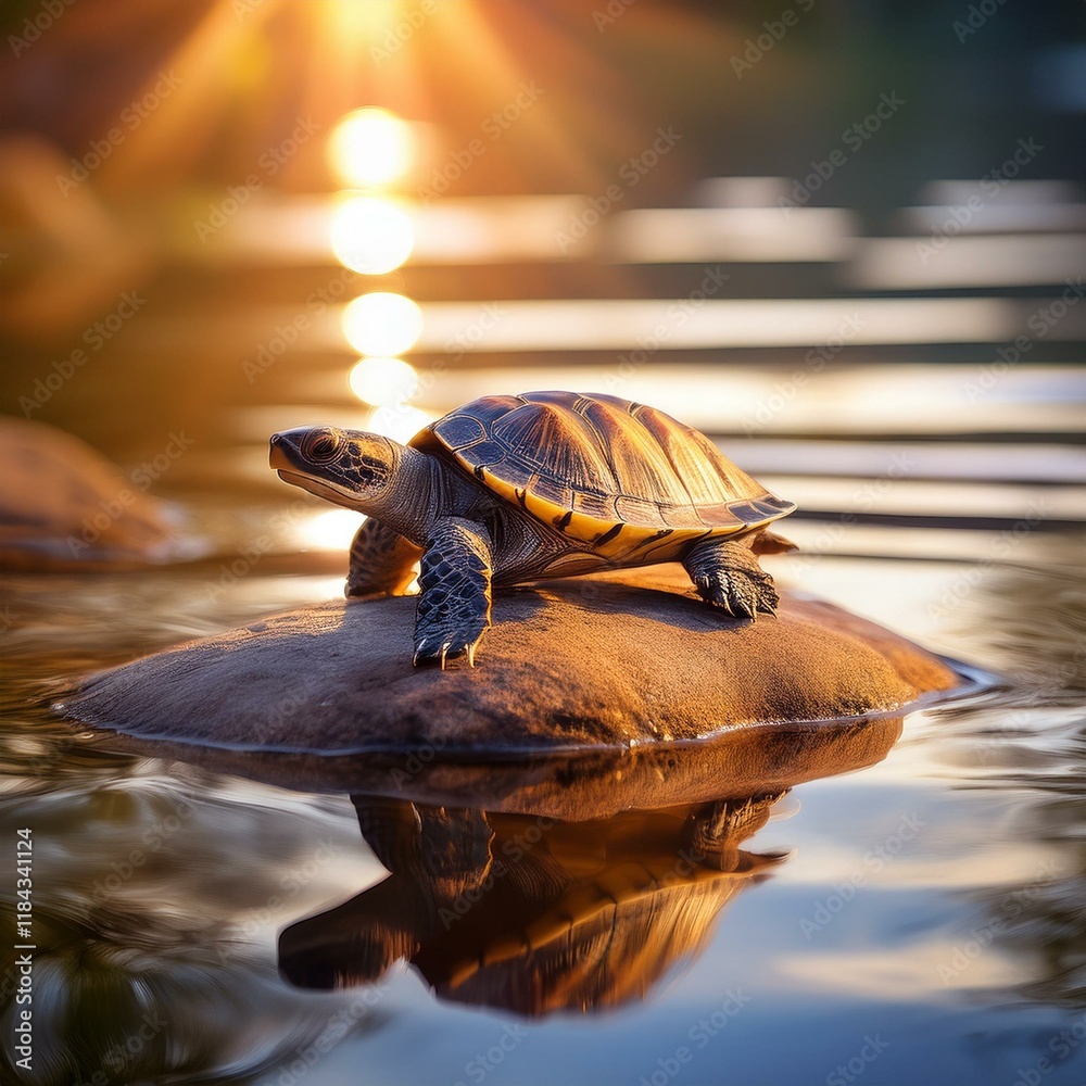 Obraz premium wA tiny turtle resting on a smooth rock, surrounded by rippling water and soft sunlight, creating a serene and natural ambiance