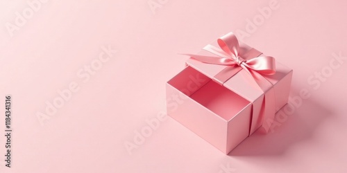 A gently opened pink gift box with a delicate satin ribbon bow sits on a pale pink background