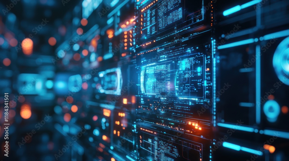 Futuristic Digital Interface: A mesmerizing display of vibrant blue and orange data streams across a complex technological network. Futuristic Digital Interface: A mesmerizing display of vibrant blue and orange data streams across a complex technological network.