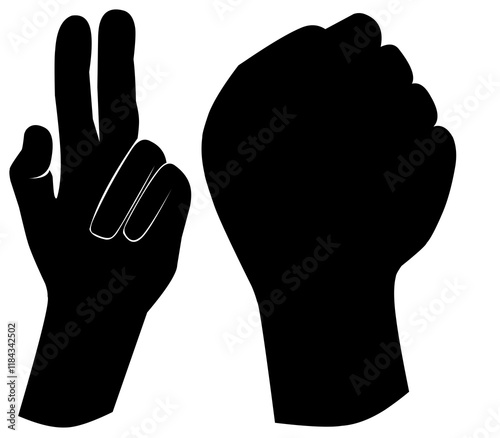 set of hand silhouettes isolated on white, Human hand gestures, collection of black hands, flat, silhouette hands pose collection, Vector illustration.