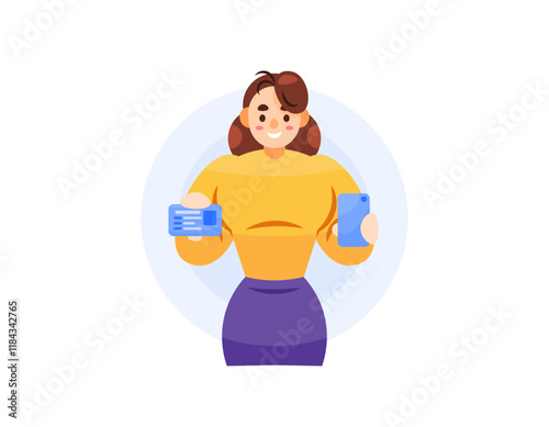 concept of selfie with personal data. taking a picture of yourself with an ID card. illustration of a woman holding an identity card and smartphone. expression and gesture. flat style character design