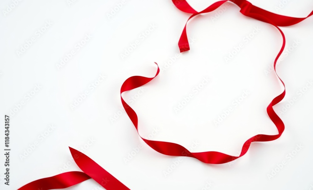 Red ribbon, curling shape, white background, minimalist composition, gift wrapping, festive, holiday decoration, silky texture, contrast, elegant, simple design, macro photography, soft shadows, clean
