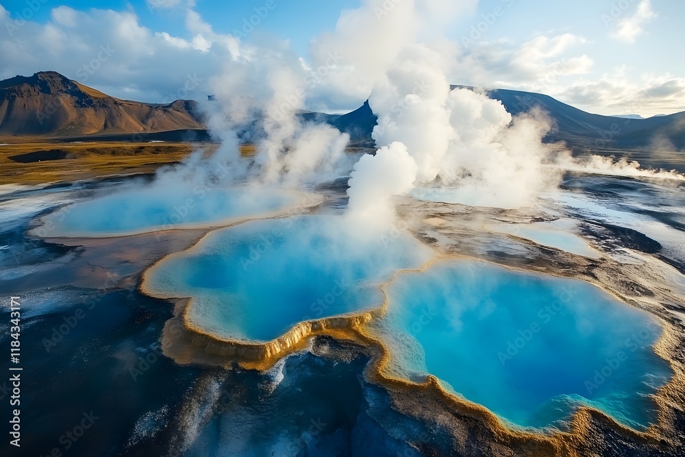 Obraz premium Aerial view of geothermal hot springs, with steam rising from the water and colorful mineral-painted rocks, creating an otherworldly landscape