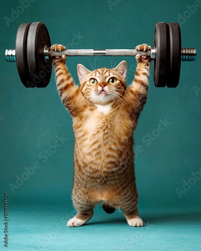 A playful tabby cat showcasing strength with a barbell.