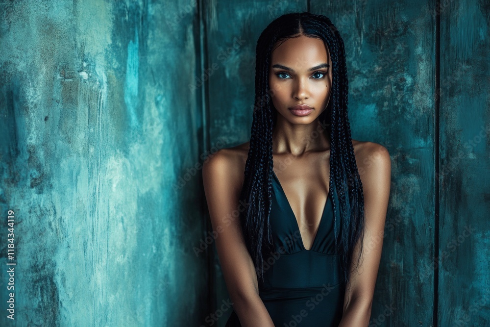 Fototapeta premium Long coiffure - braids hair. Lovely calm mixed-race girl - for ads, ad page and digital use. Commercial digital ads layout. Vibrant colored hair styles. Black woman style inspiration.