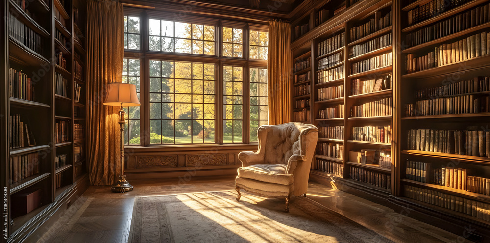 A cozy library with a reading chair and large windows, illuminated by warm sunlight. A cozy library with a reading chair and large windows, illuminated by warm sunlight.
