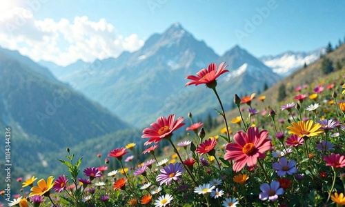 Vibrant alpine flowers swaying gently in the mountain breeze, natural scenery, wind-swept flowers