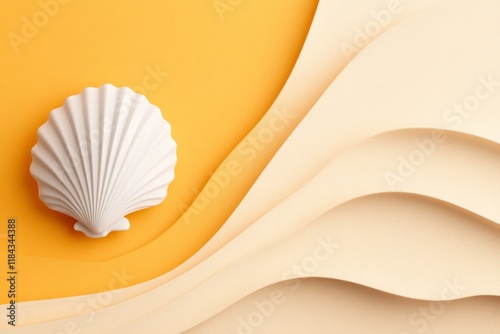 A flat design of a single seashell on a sandy ocean floor, drawn with simple shapes and calming colors photo