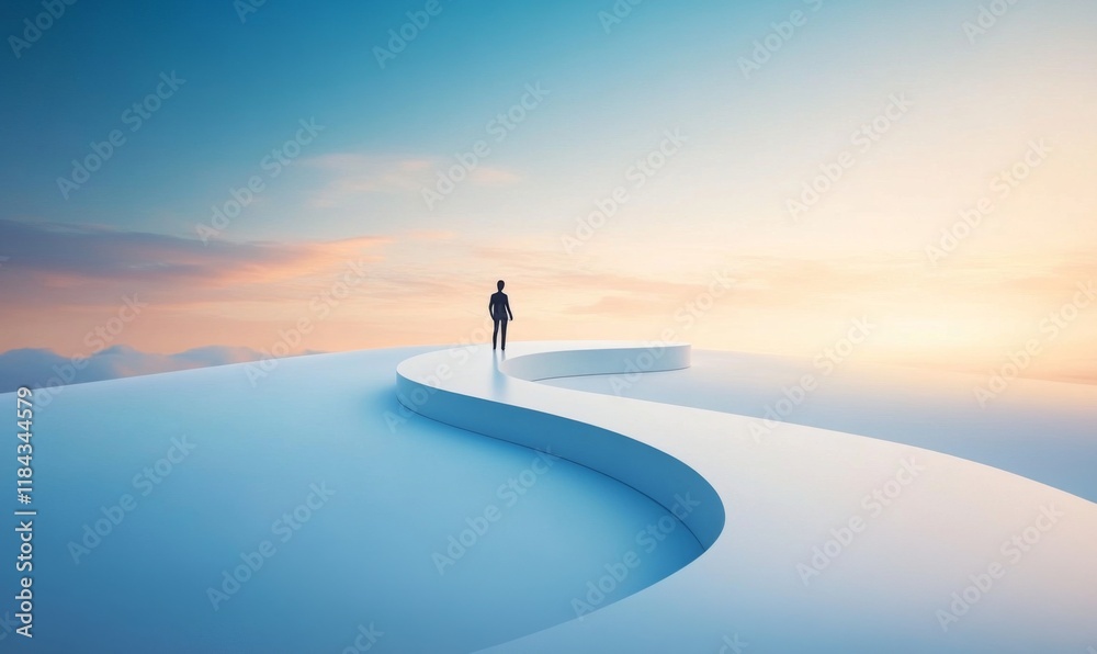 A solitary figure symbolizes personal growth on a winding path.