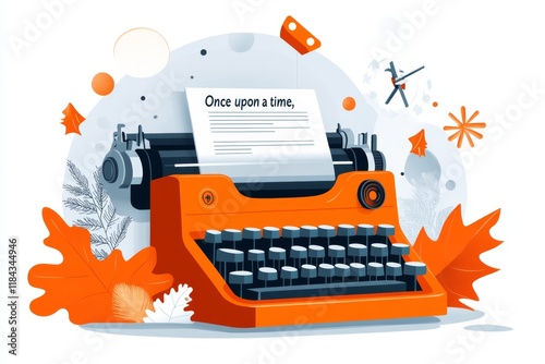 A flat-style 2D illustration of a vintage typewriter with a paper reading 