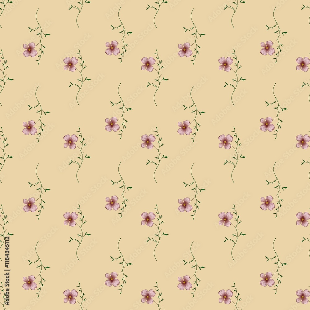 Fototapeta premium Seamless Pattern Pink Elegant Flowers Small Design on Pastel Yellow Background for Prints, Textiles, Packaging, Fabrics, and Wrapping Paper