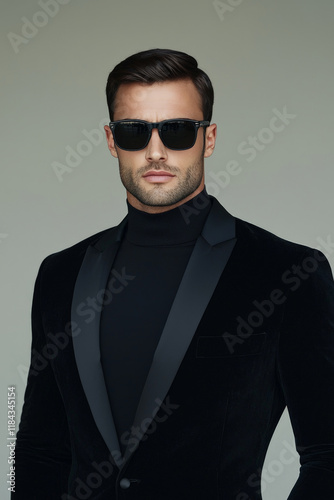 Stylish Gentleman in Black Suit and Turtleneck Wearing Sunglasses