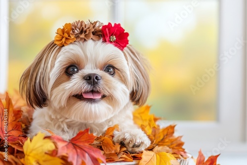 A fluffy Shih Tzu puppy playing in a pile of autumn leaves, peeking out with a joyful face photo