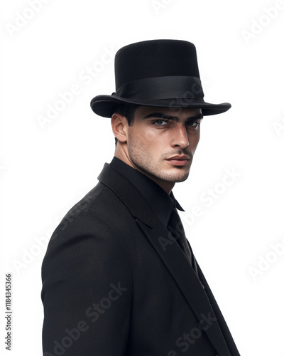 Young Man in Classic Black Top Hat and Suit with a Sophisticated Gaze