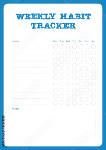 Weekly habit tracker template features sections for habits and notes with daily checkboxes, offering an organized layout to monitor routines and set personal goals efficiently.