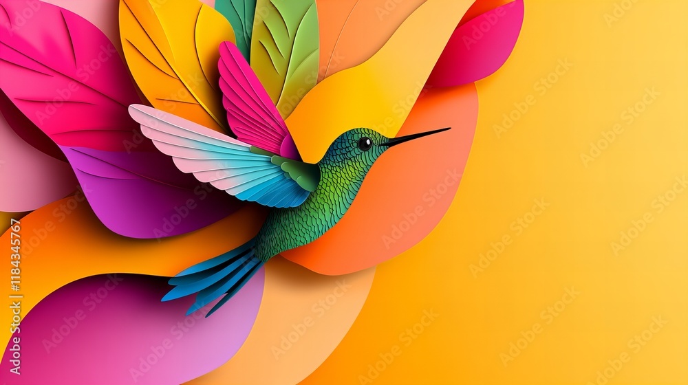 Obraz premium Vibrant hummingbird in flight amidst colorful paper art. A joyful, artistic depiction of nature.