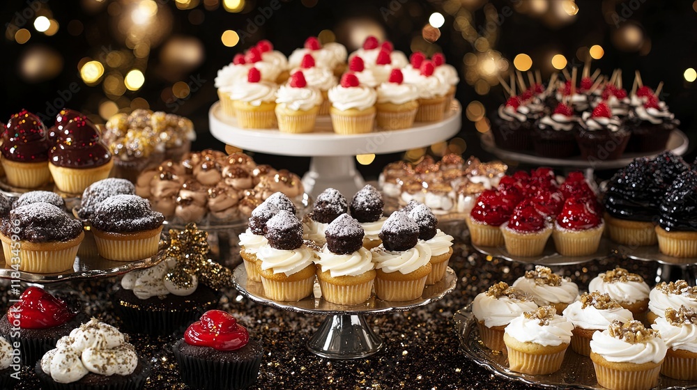 A sparkling dessert table with an array of cupcakes, tarts, and pastries A sparkling dessert table with an array of cupcakes, tarts, and pastries