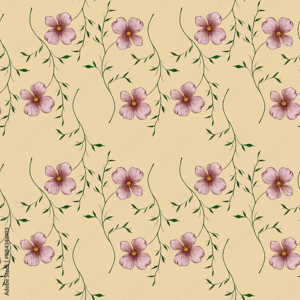 Fototapeta premium Seamless Pattern Pink Botanical Elegant Flowers Big Design on Pastel Yellow Background for Prints, Textiles, Packaging, Fabrics, and Wrapping Paper