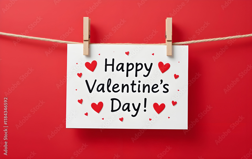 Happy Valentine's Day message on white card, hanging on a string