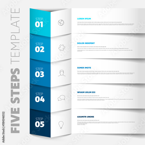 Five steps progress process infographic layout template with big numbers icons text content  and paper fold pointing on the next step