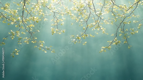 Sunlit branches with fresh green leaves against a misty teal background.