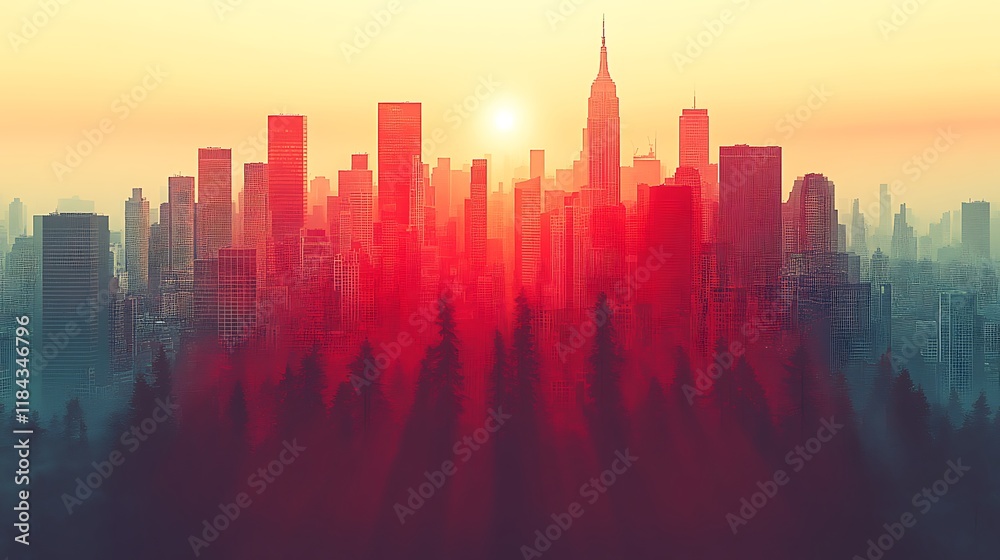 Fototapeta premium Sunrise cityscape with forest foreground.