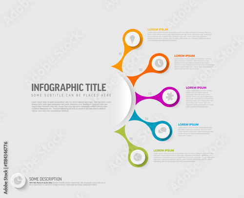 Colorful infographic template  with five connected elements. The infographic design uses vibrant colors and icons to represent sequential information visually.
