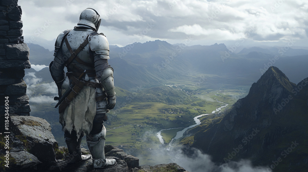 A knight in full armor stands at the top of a mountain, overlooking a vast valley as the wind whips through the air. A knight in full armor stands at the top of a mountain, overlooking a vast valley as the wind whips through the air.