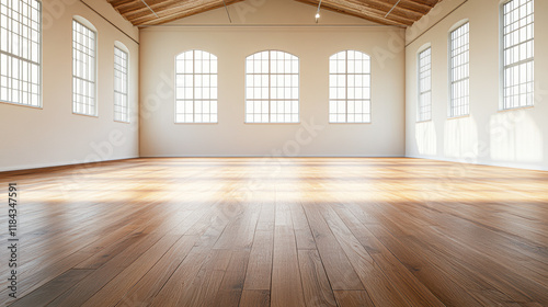A large room with a lot of windows and a wooden floor
