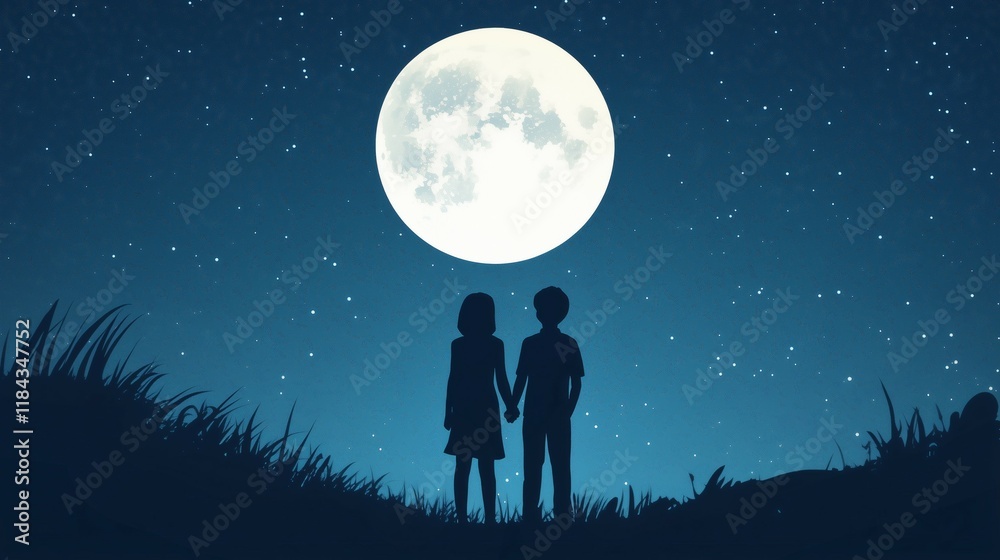 silhouette of Couple in full moonlight night romantic and dreamy scene silhouette of Couple in full moonlight night romantic and dreamy scene