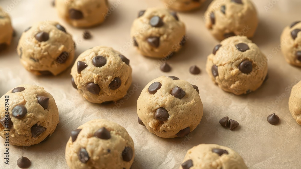 Close-up of chocolate chip cookie dough balls on parchment paper, brown, confection, food Close-up of chocolate chip cookie dough balls on parchment paper, brown, confection, food