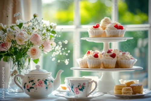 Wallpaper Mural Delicate porcelain tea set with floral designs on a white table Torontodigital.ca