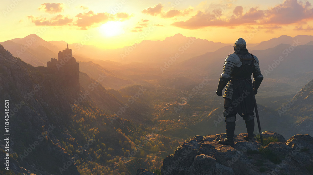 A knight in full armor stands on a mountain peak, watching the sunrise. The light slowly fills the valley below, casting long shadows across the rocky terrain. A knight in full armor stands on a mountain peak, watching the sunrise. The light slowly fills the valley below, casting long shadows across the rocky terrain.
