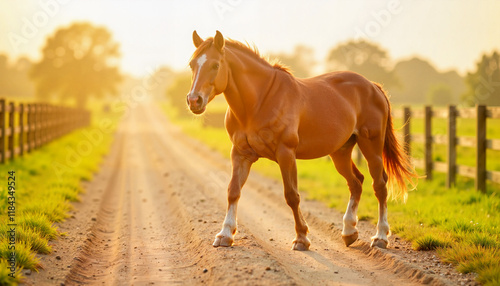 Morgan horse trotting on countryside path at sunrise, natural beauty
