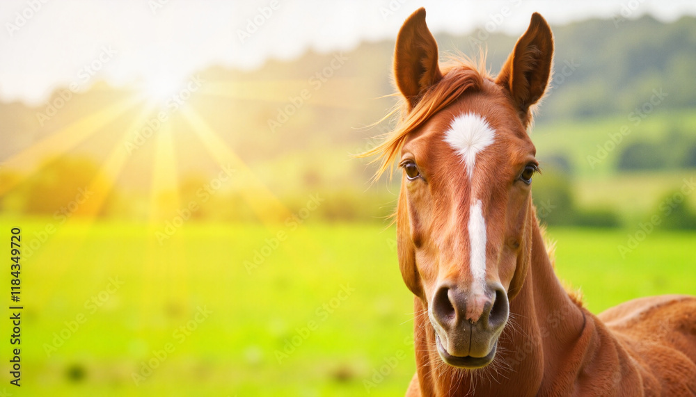 Fototapeta premium Radiant Peruvian Paso horse in vibrant pasture at sunrise, beauty of nature
