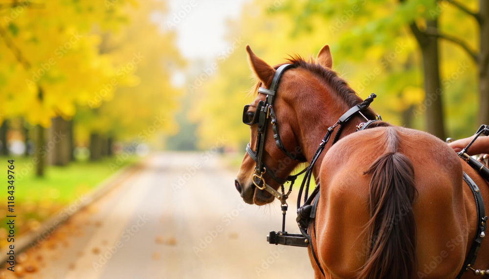 Obraz premium Cleveland Bay horse pulling carriage in autumn park, serene beauty
