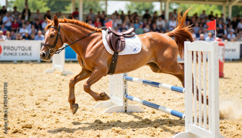 Connemara pony jumping over obstacle in showground arena, equestrian sport photo