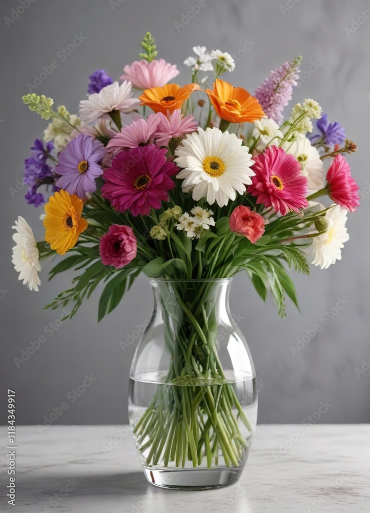 A bouquet of fresh flowers in a clear glass vase , arrangement, romance, decoration A bouquet of fresh flowers in a clear glass vase , arrangement, romance, decoration