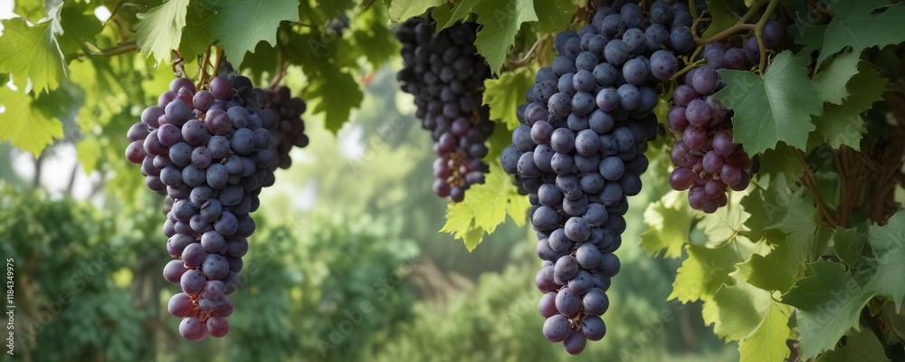 Abundant green leaves on a mature grapevine with an abundance of ripe purple grapes, lush greenery, agricultural, farm Abundant green leaves on a mature grapevine with an abundance of ripe purple grapes, lush greenery, agricultural, farm