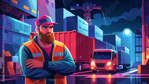 "Night Scene at Truck Depot with Bearded Man in Reflective Gear – Industrial Worker Illustration"

