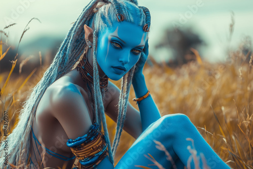 Blue Alien Princess Photoshoot, Seated Left Covered