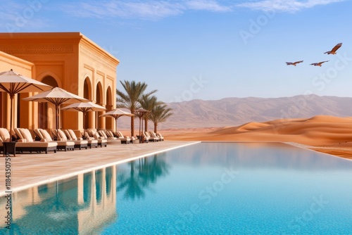 A magical oasis in the UAE desert with crystal-clear waters, lush palm trees, and mythical creatures like phoenixes soaring above photo