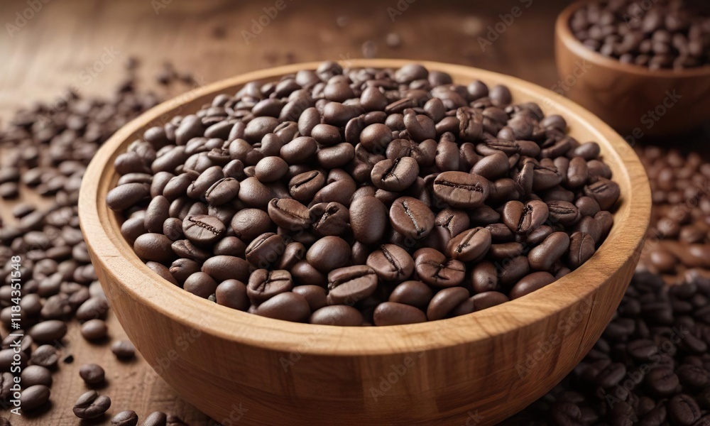 Richly textured coffee beans piled high in a wooden bowl , abundance, natural fibers Richly textured coffee beans piled high in a wooden bowl , abundance, natural fibers
