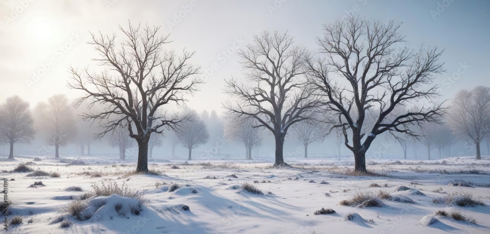 Snowy winter landscape with bare trees, frost and snowflakes, , frost