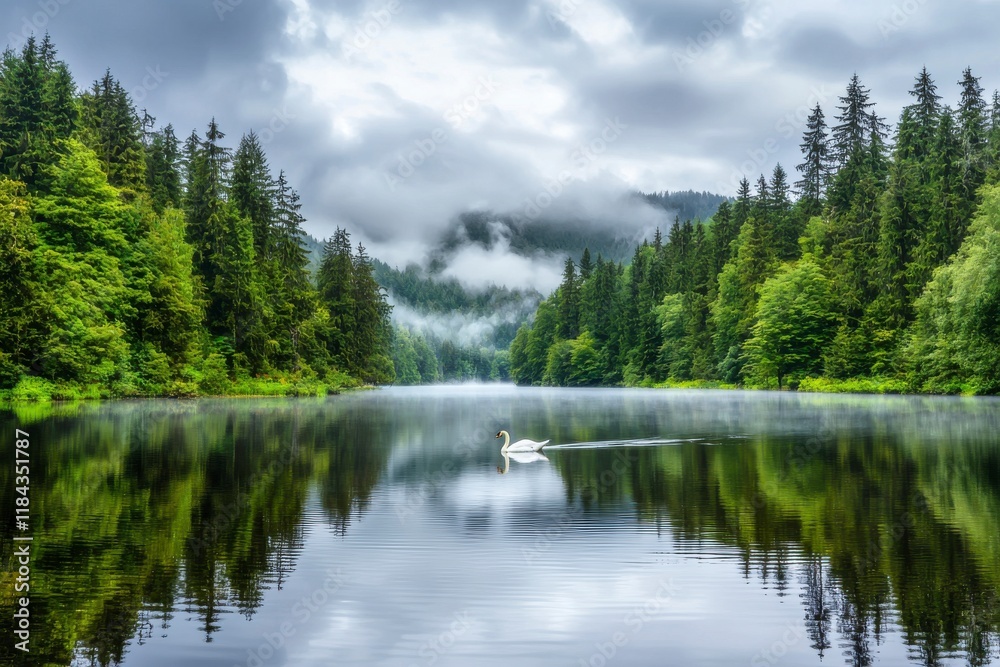 Tranquil Lake Scene Featuring a Graceful Swan Gliding Across the Glassy Surface Surrounded by Lush Green Forest and Misty Mountains in the Background Tranquil Lake Scene Featuring a Graceful Swan Gliding Across the Glassy Surface Surrounded by Lush Green Forest and Misty Mountains in the Background