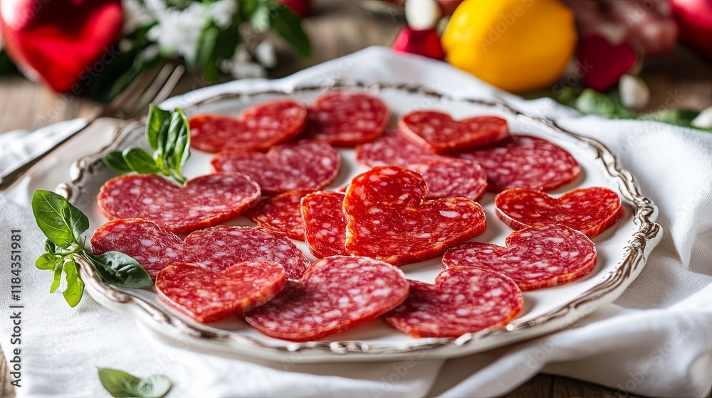 A Valentine's Day-themed antipasto platter with heart-shaped salami slices, arranged on a white linen cloth A Valentine's Day-themed antipasto platter with heart-shaped salami slices, arranged on a white linen cloth