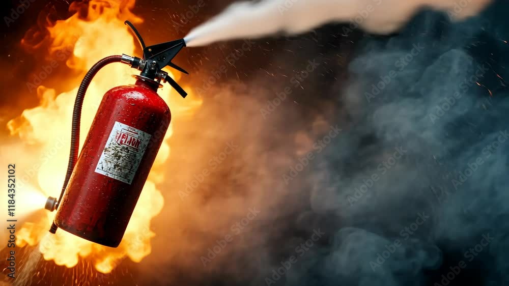 Fire extinguisher battling flames in an intense firefighting demonstration at a training facility in the city
