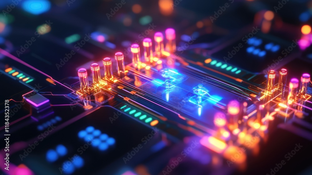 Fototapeta premium Quantum network infrastructure with illuminated quantum circuits, entangled particles, and seamless data transfer